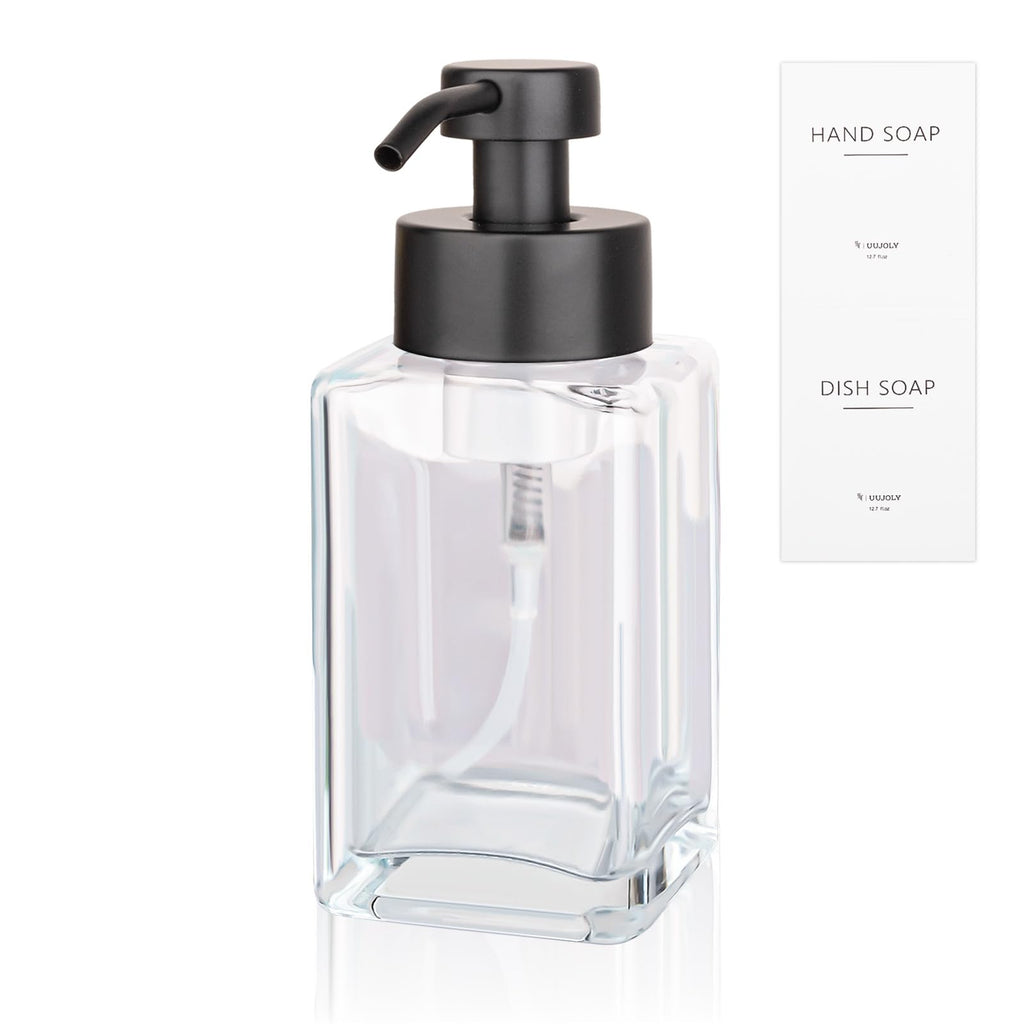 Foaming Soap Dispenser with Stainless Steel Pump 12oz Refillable Glass Liquid Dish Soap Bottles for Bathroom Kitchen Sink Home Decor