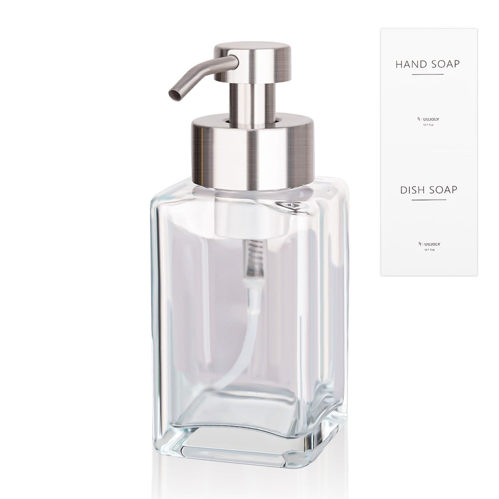 Foaming Soap Dispenser with Stainless Steel Pump 12oz Refillable Glass Liquid Dish Soap Bottles for Bathroom Kitchen Sink Home Decor